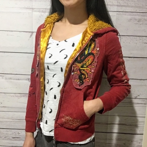 Ed hardy red & gold rhinestone fluffy hoodie - Picture 4 of 8